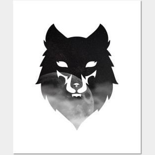 Wolf head moon stars silhouette Posters and Art